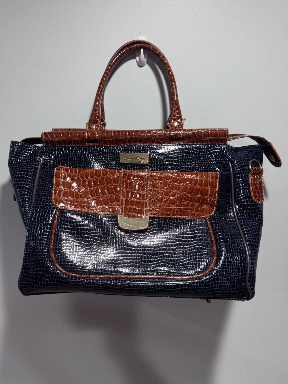 Samantha Brown Croc-Embossed Navy and Brown Satchel Tote